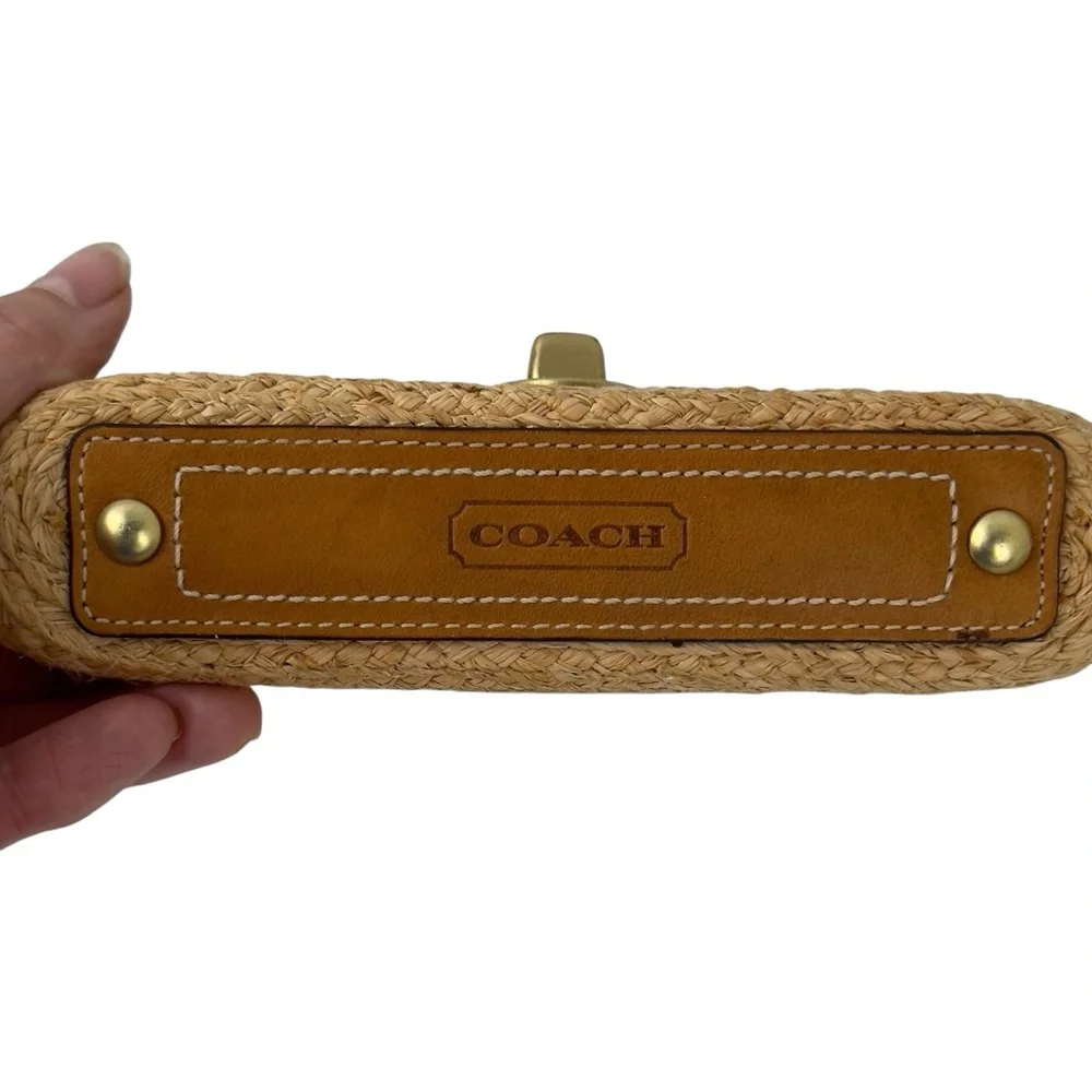 Coach Straw Summertime Clutch Wristlet Bag Natural Leather Trim Turnlock Coastal